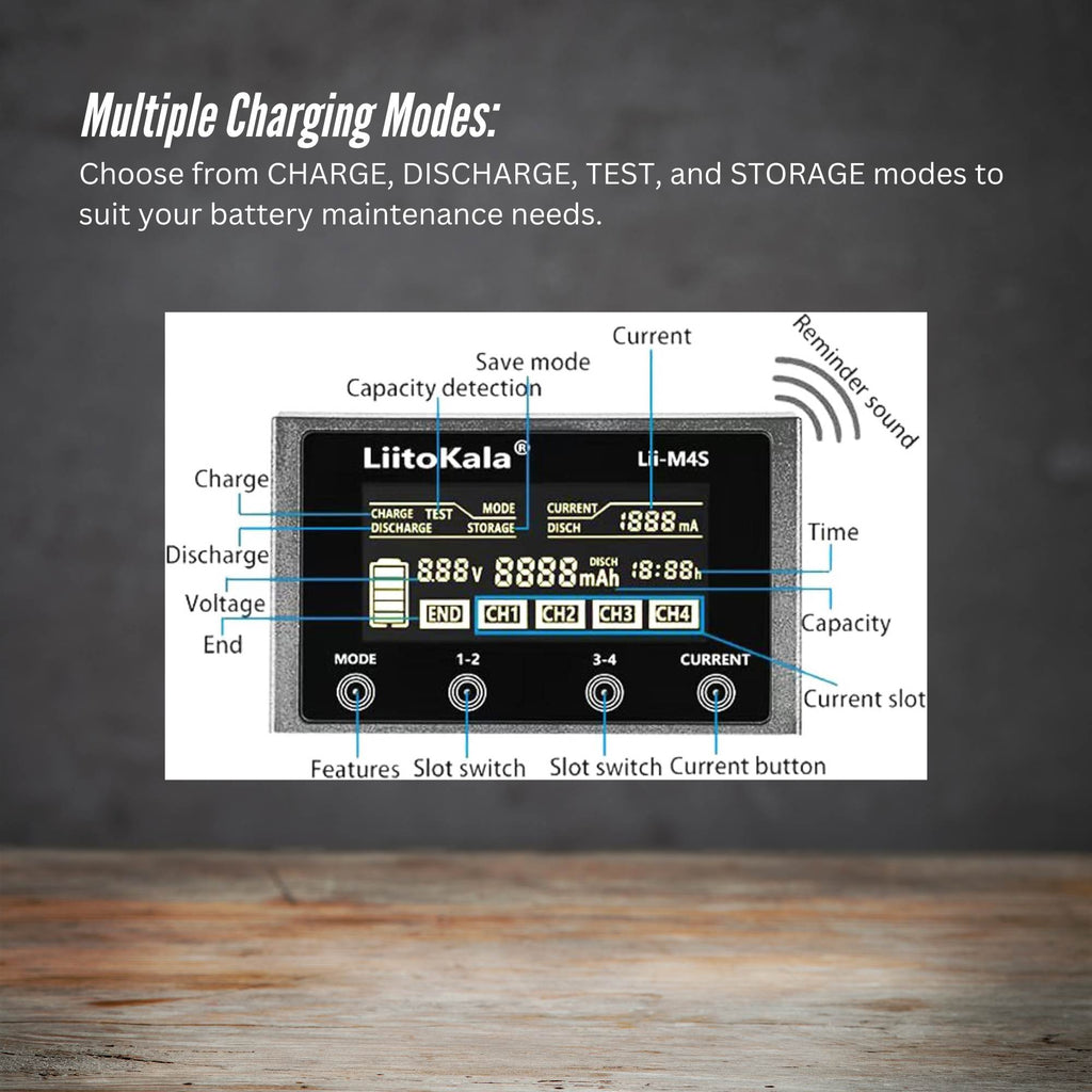 LiitoKala Lii-M4S Battery Charger LCD 4-Slot USB Li-ion NiMH Test Discharge Mode