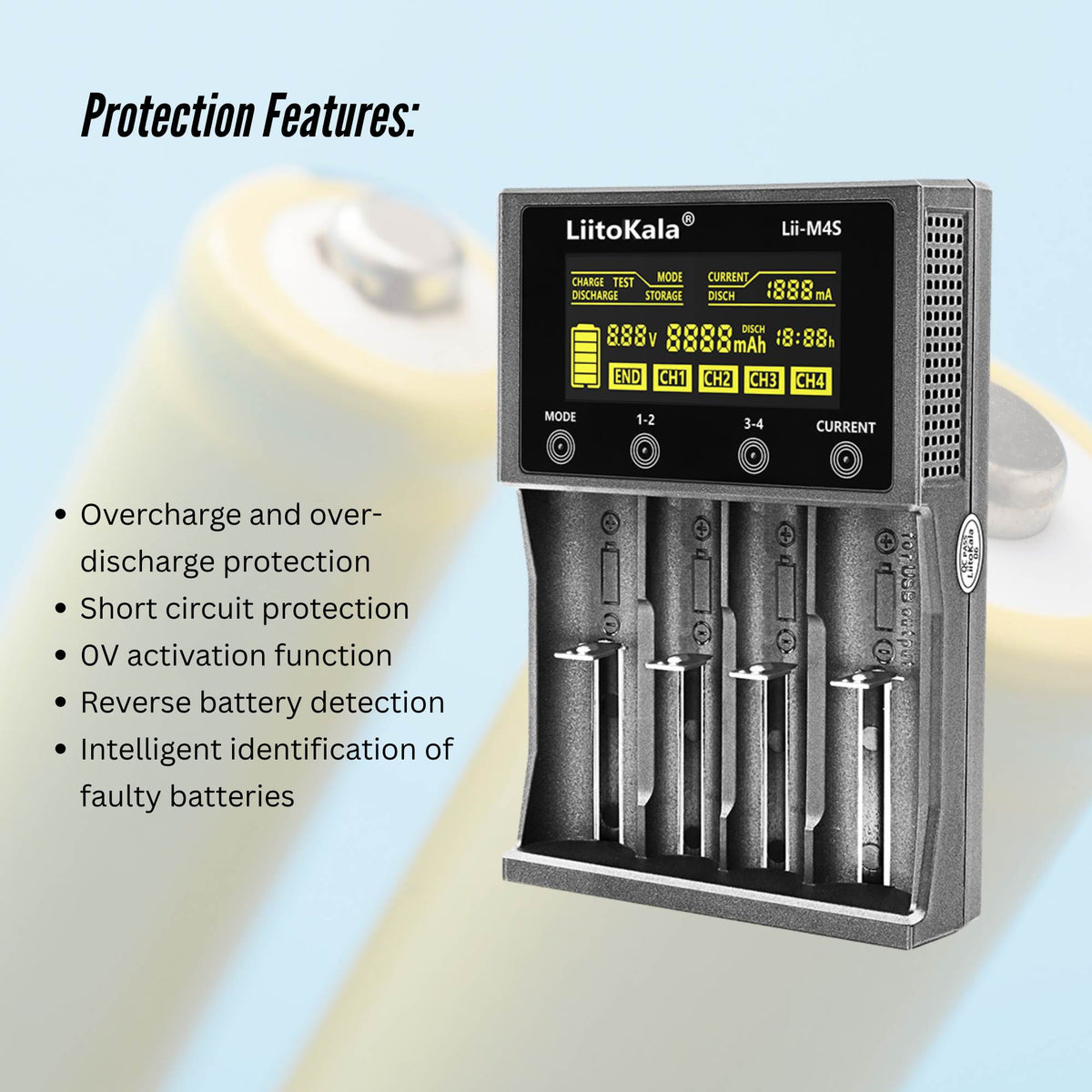 LiitoKala Lii-M4S Battery Charger LCD 4-Slot USB Li-ion NiMH Test Discharge Mode