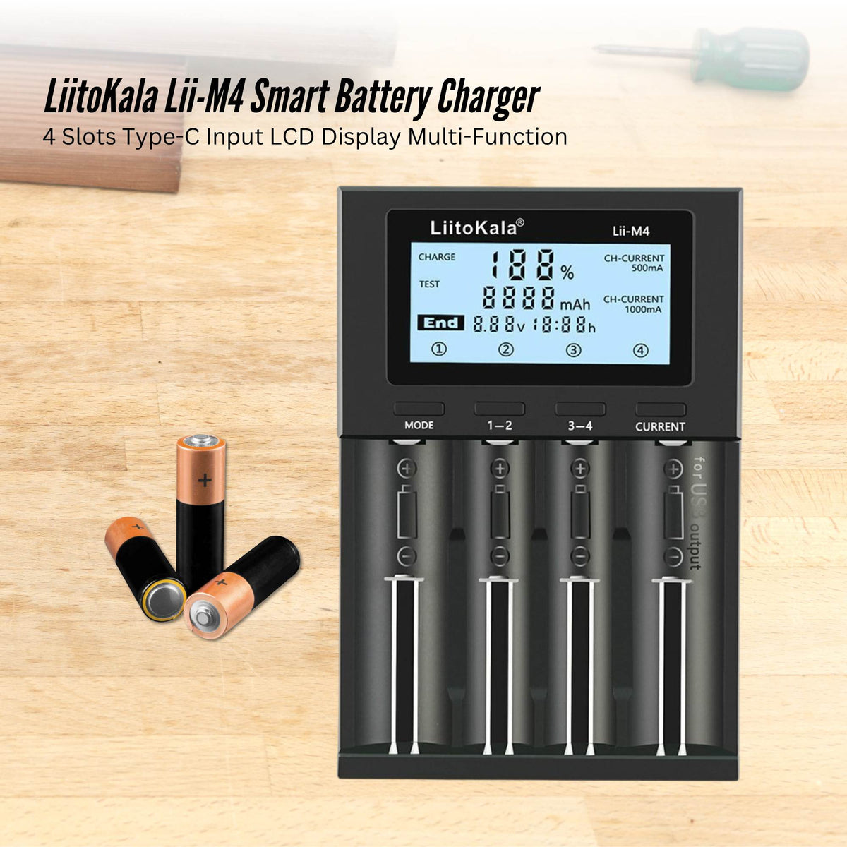 LiitoKala Lii-M4 Smart Battery Charger LCD - 4-Slot USB for 18650 AA AAA Li-ion