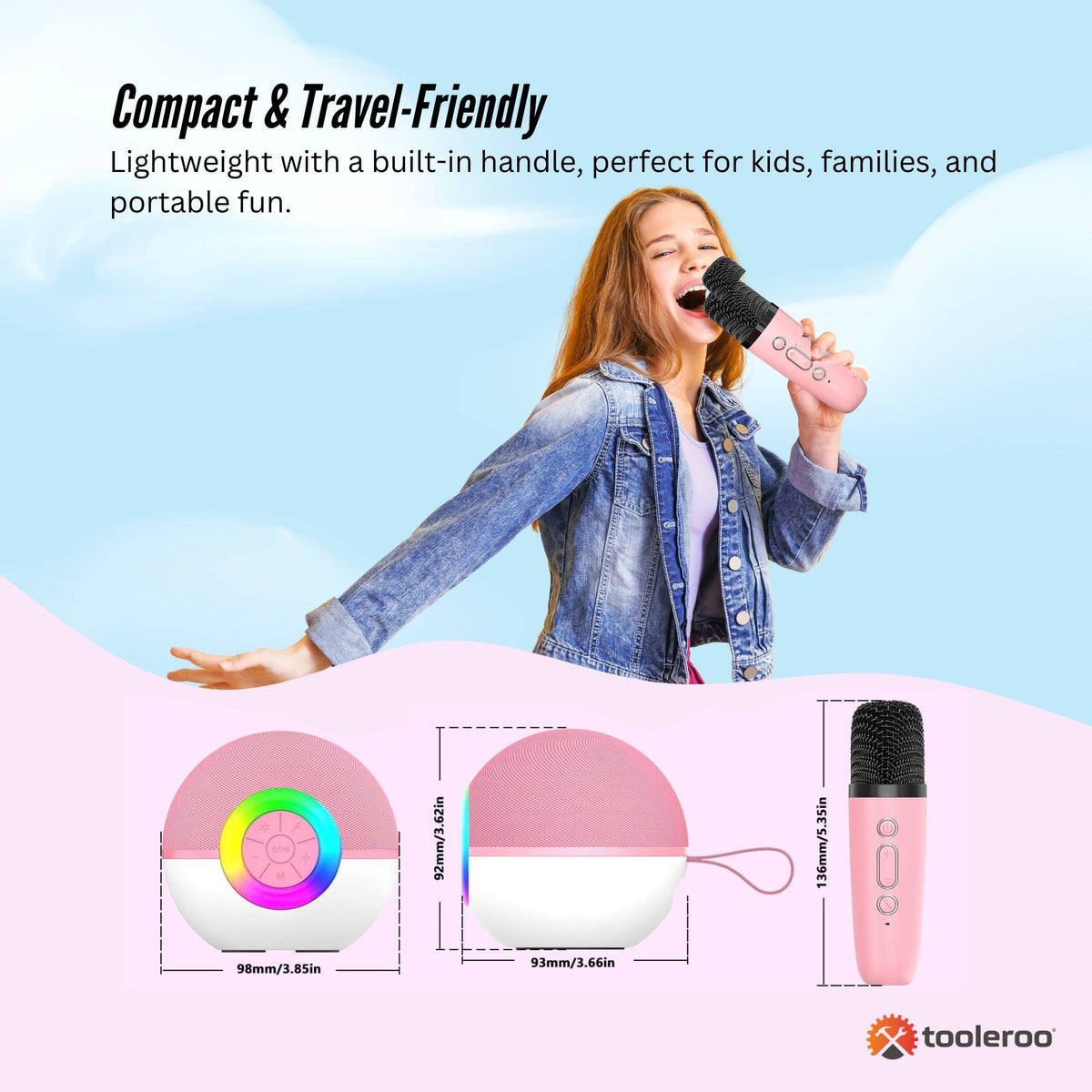 Mini Karaoke Machine and 2x Wireless Microphones Portable Bluetooth Speaker Pink