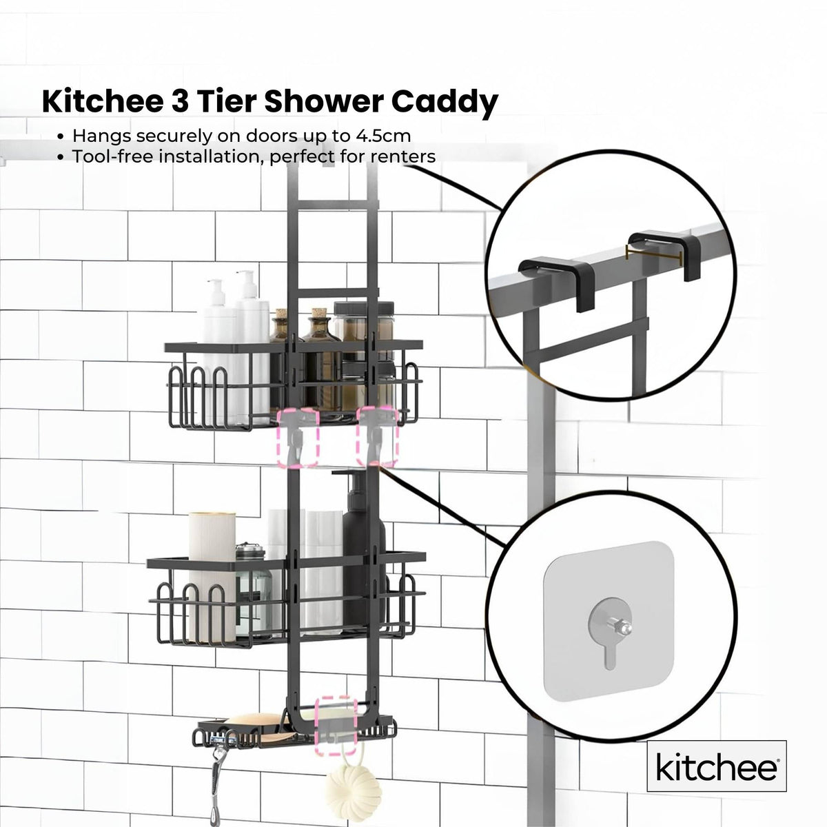 Kitchee 3 Tier Shower Caddy Over Door Bathroom Hanging Shelf Storage Rack Black