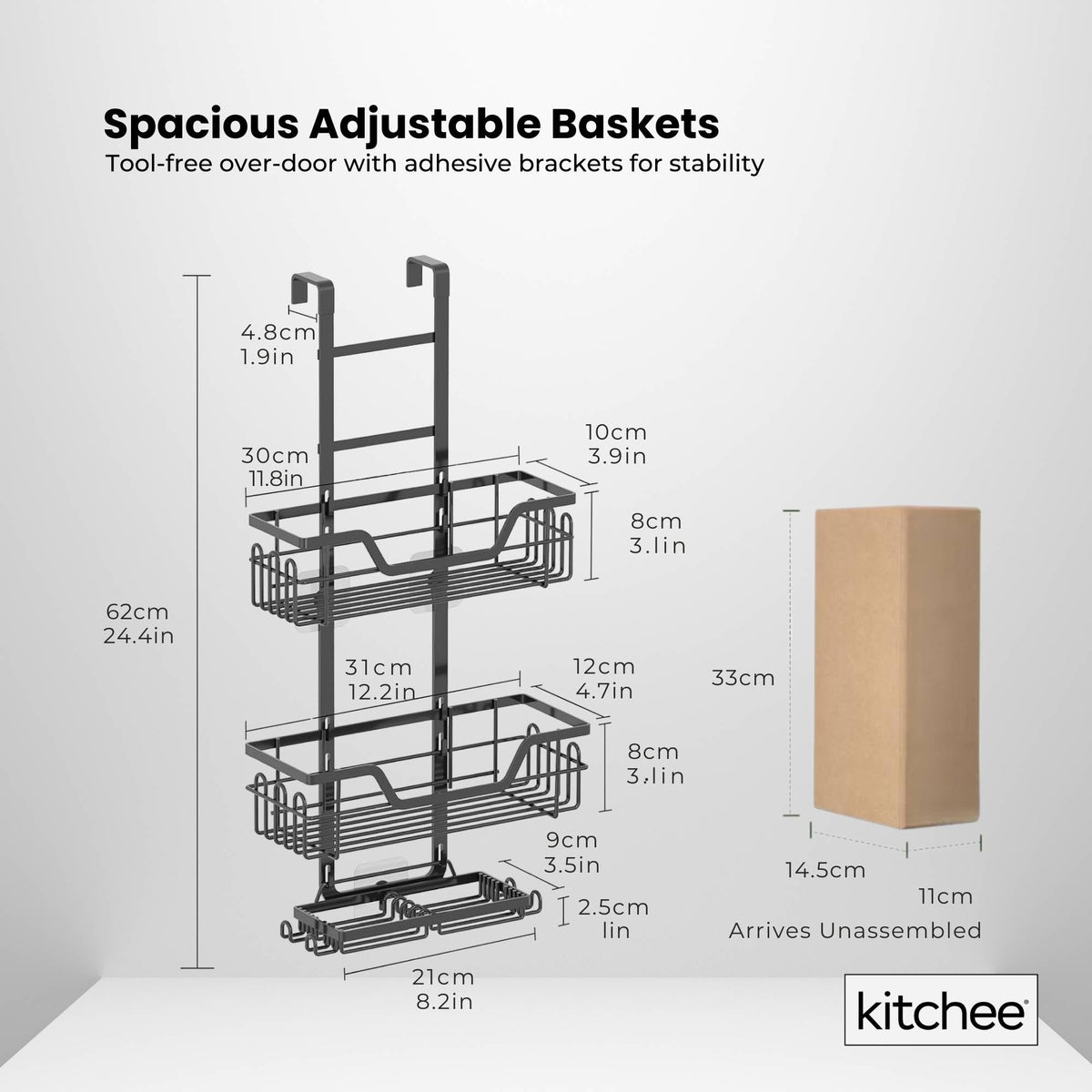 Kitchee 3 Tier Shower Caddy Over Door Bathroom Hanging Shelf Storage Rack Black