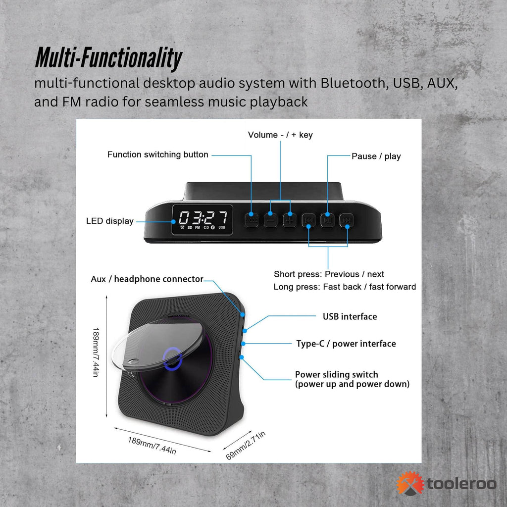 Tooleroo USB Rechargeable Desktop CD Player Speaker – Bluetooth Portable Black
