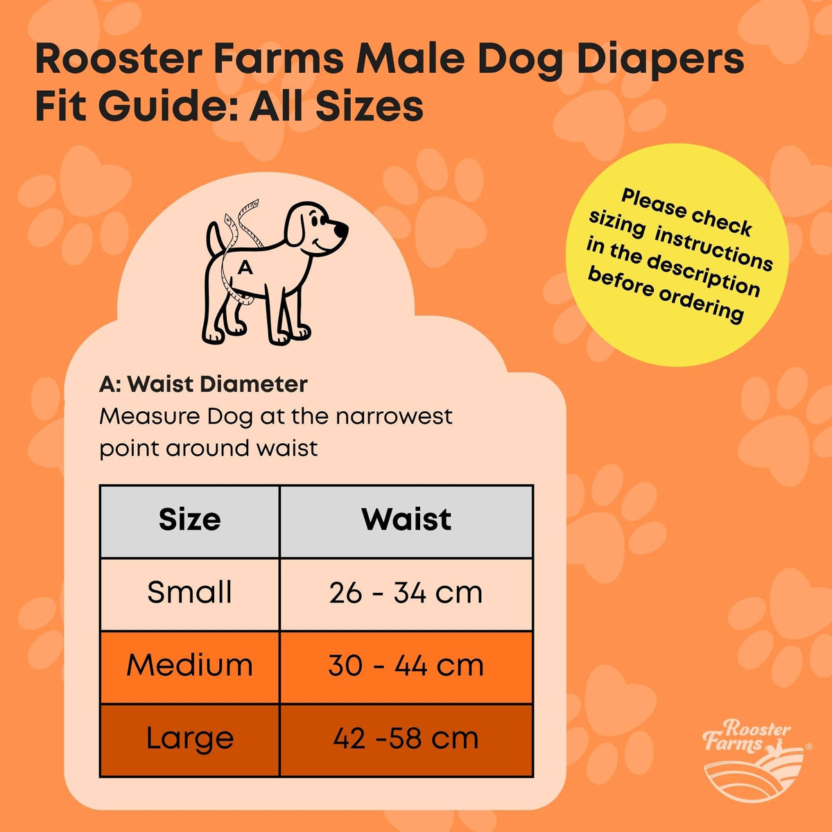 Rooster Farms Male Dog Diapers Medium 3Pk - Washable Reusable Nappies Hook/Loop