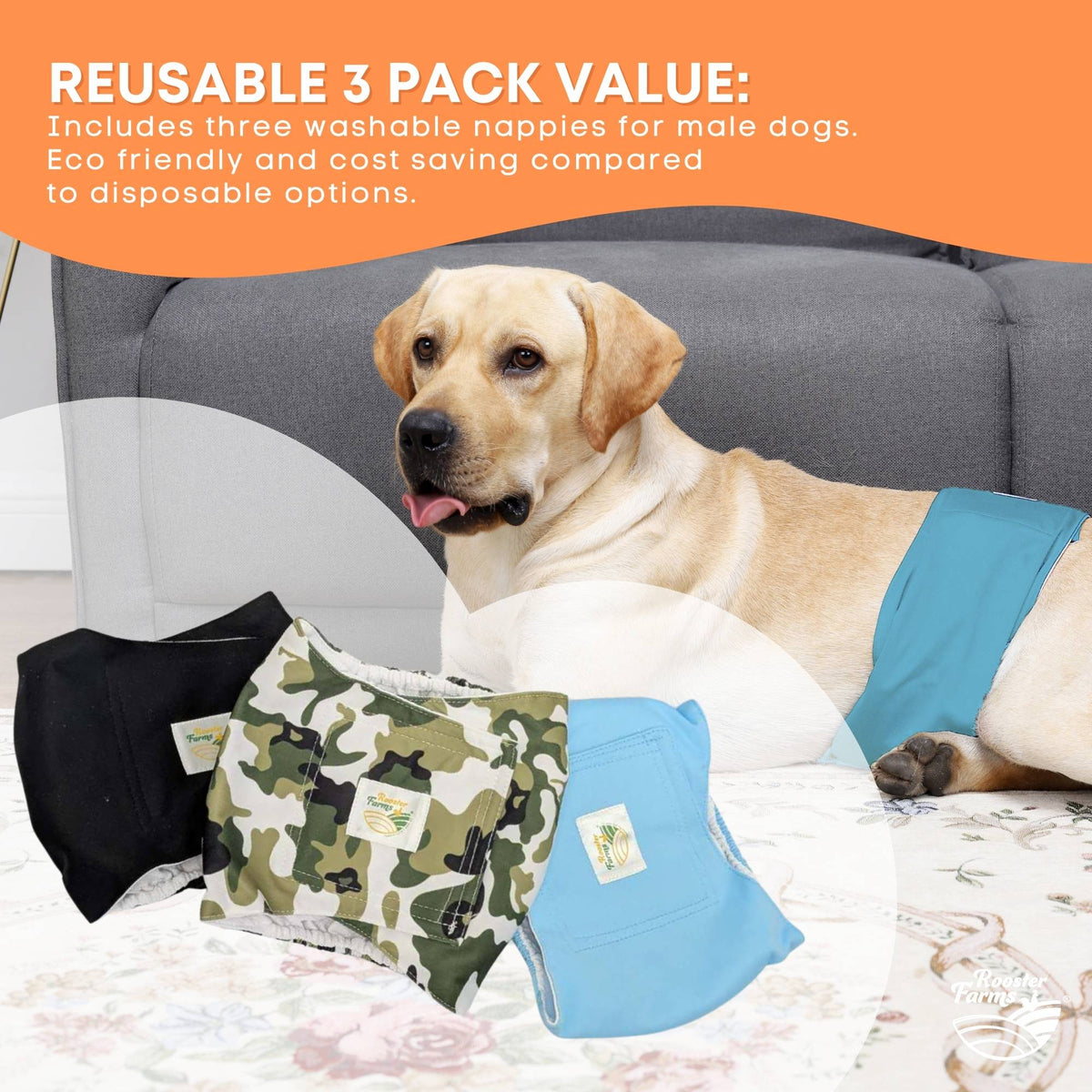 Rooster Farms Male Dog Diapers Medium 3Pk - Washable Reusable Nappies Hook/Loop