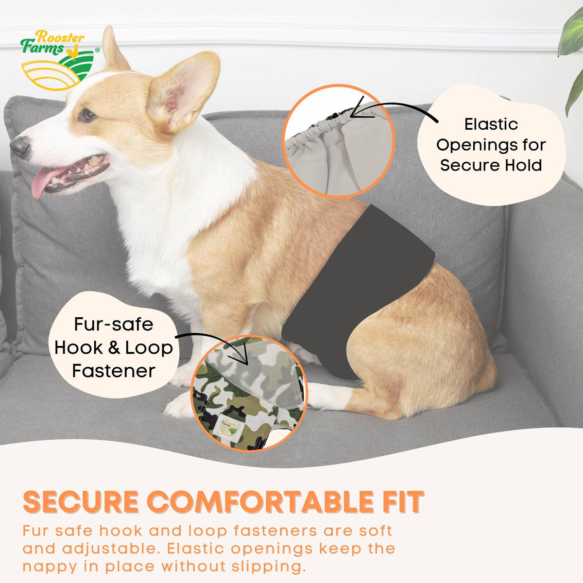 Rooster Farms Male Dog Diapers Large 3Pk - Washable Reusable Nappies Hook/Loop