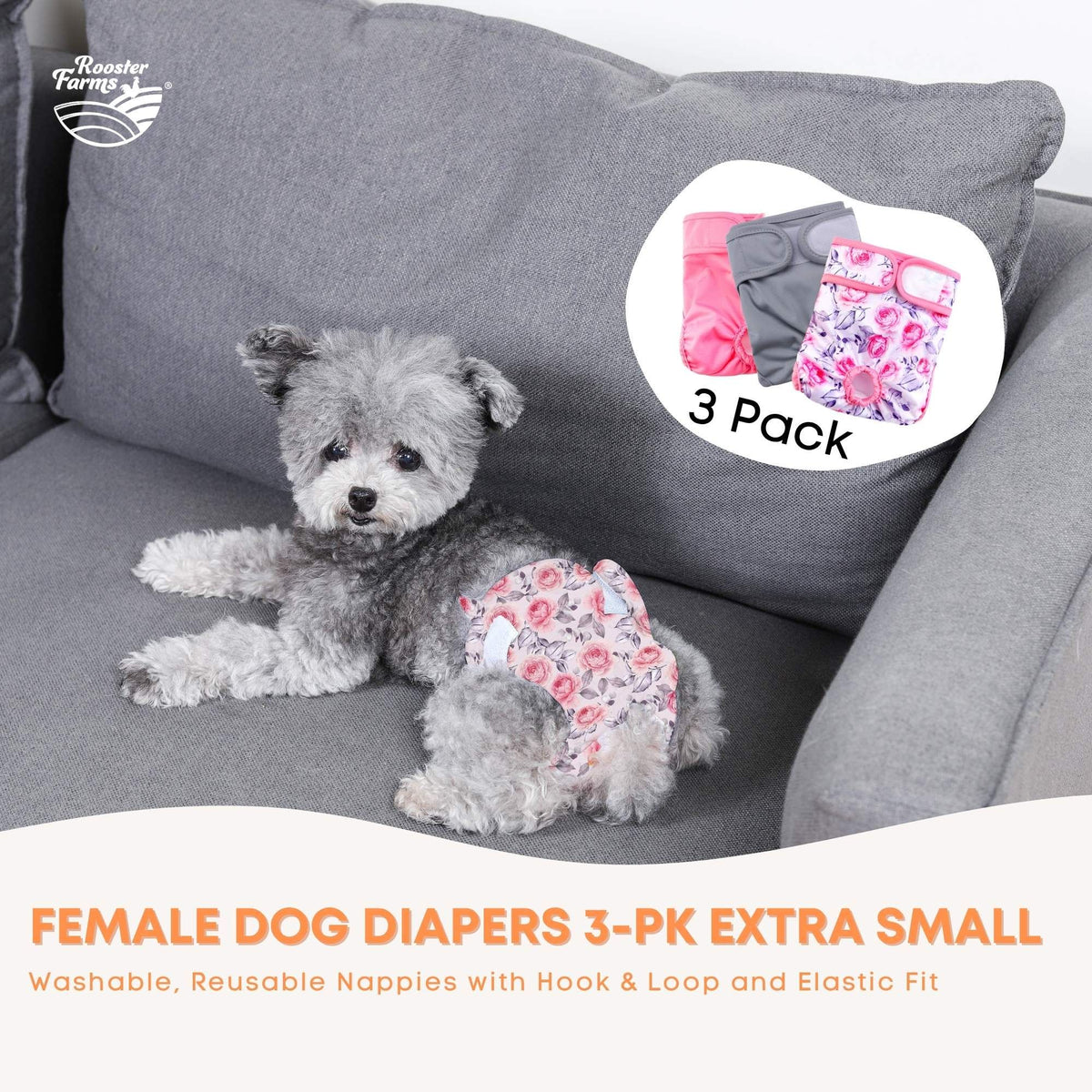 Rooster Farms Female Dog Diapers XSmall 3Pk - Washable Reusable Nappy Hook/Loop