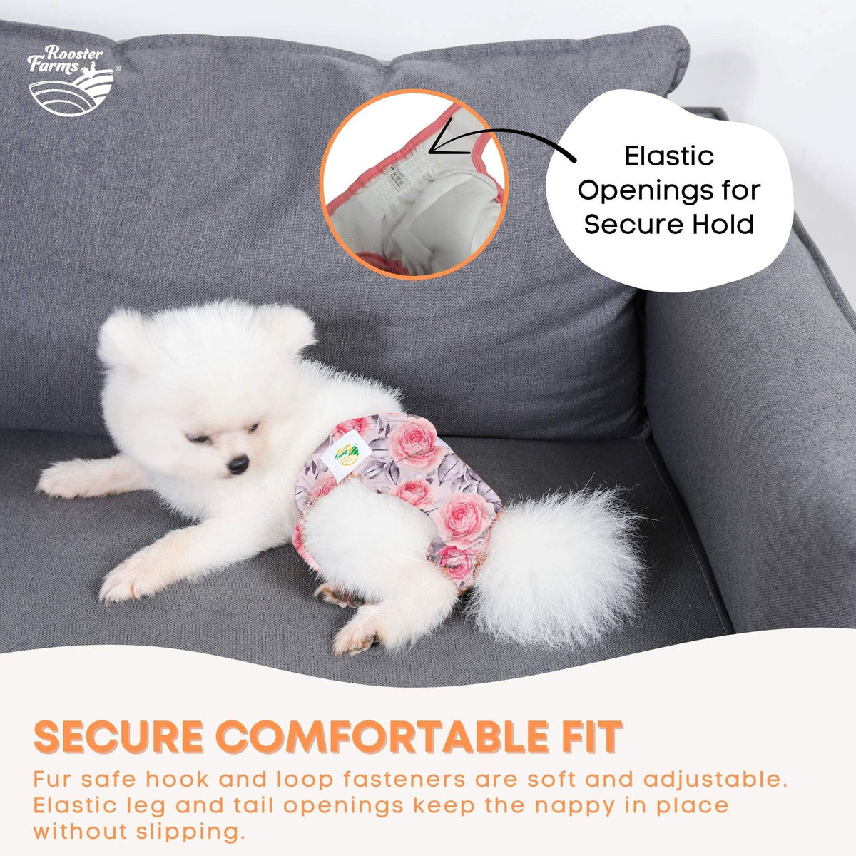 Rooster Farms Female Dog Diapers XSmall 3Pk - Washable Reusable Nappy Hook/Loop