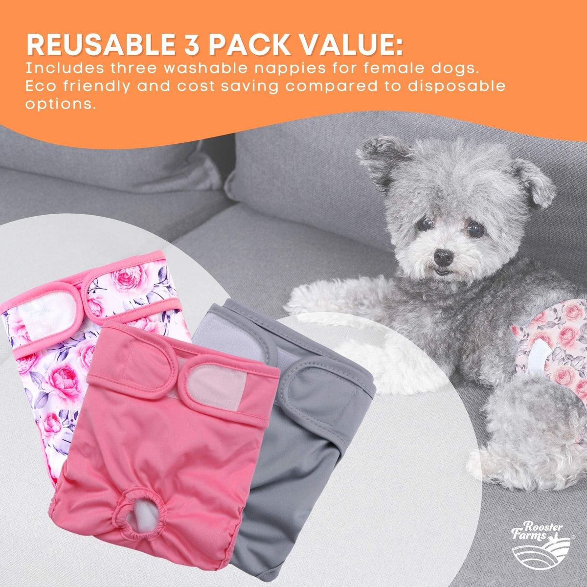 Rooster Farms Female Dog Diapers Large 3Pk - Washable Reusable Nappies Hook/Loop