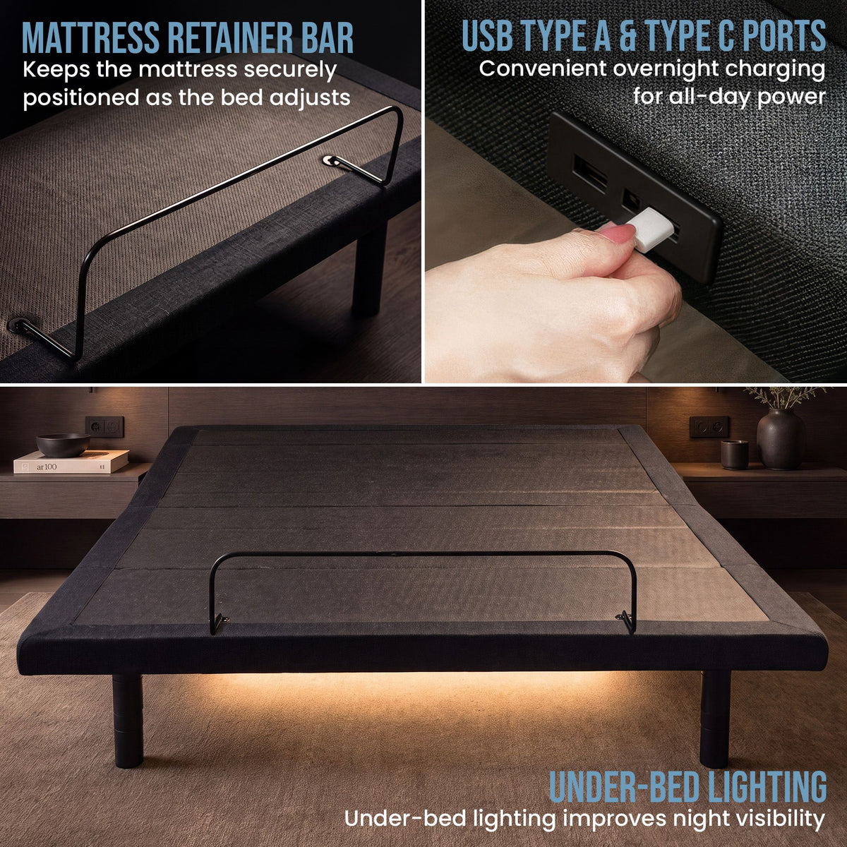 Therapedic Advance Double Adjustable Bed Frame Base with Head Tilt, Massage, USB & Wireless Remote