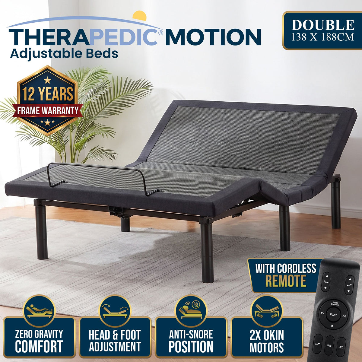 Therapedic Motion Double Adjustable Bed Base Electric Motorised Frame with Wireless Remote & Preset