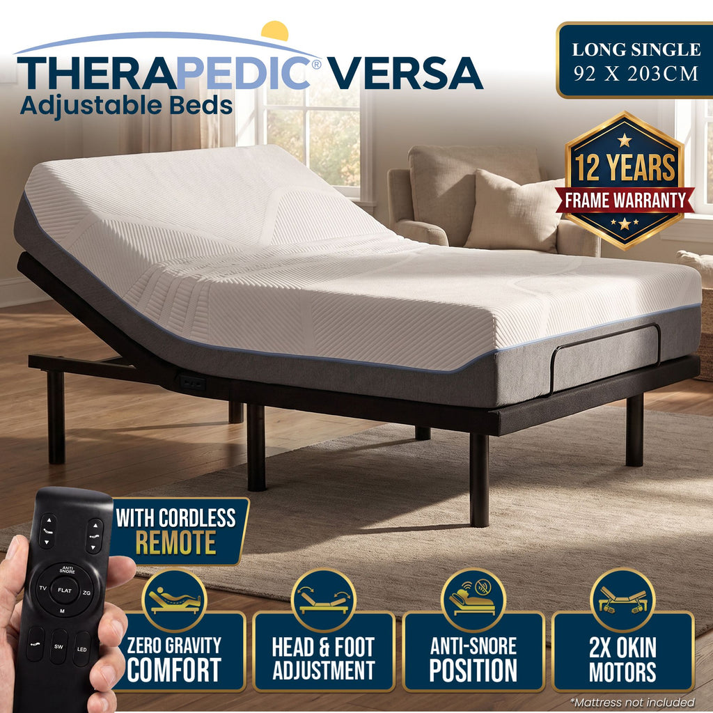 Therapedic Versa Electric Long Single Adjustable Bed Base Frame with Massage Dual Motor Zero Gravity & Wireless Remote