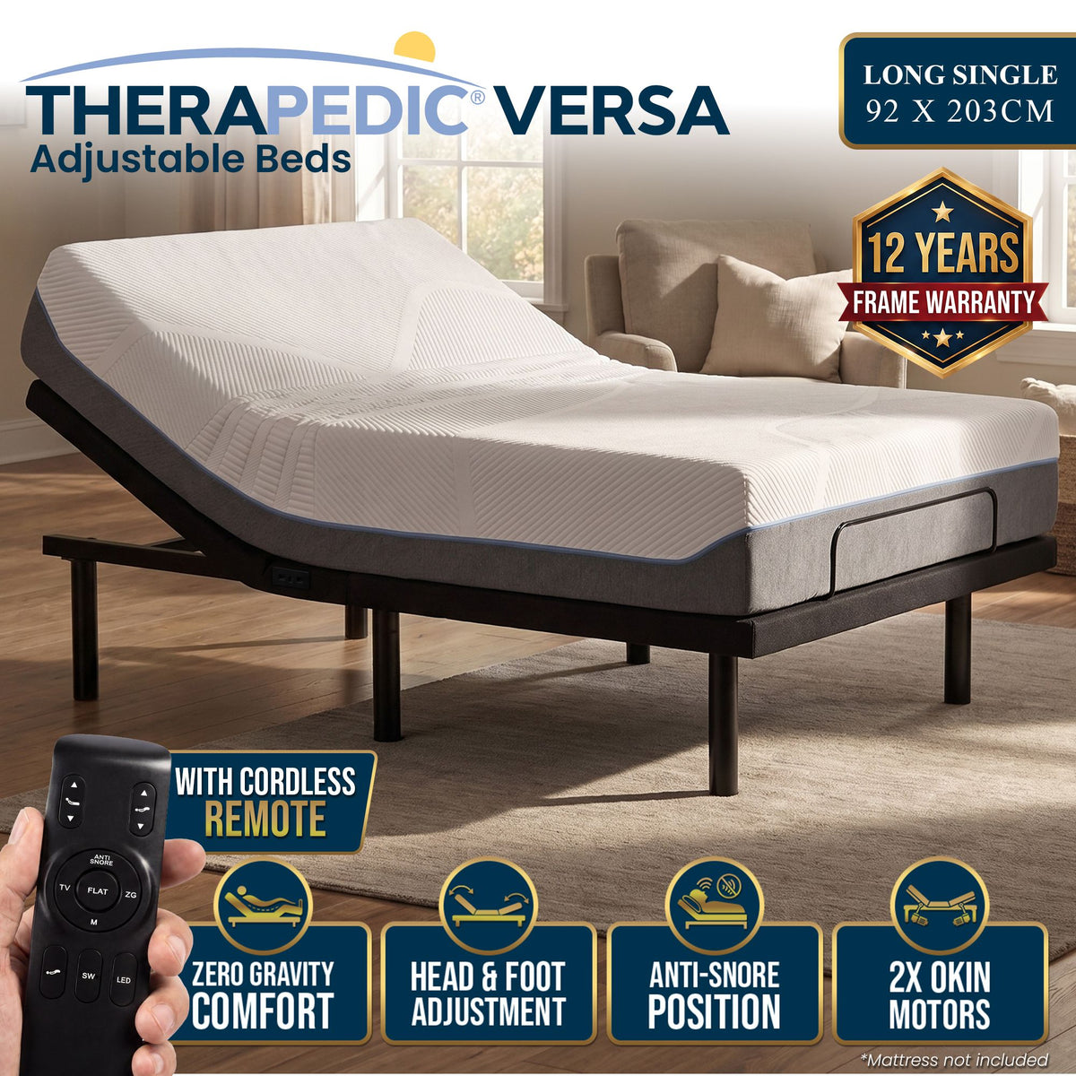 Therapedic Versa Electric Long Single Adjustable Bed Base Frame with Massage Dual Motor Zero Gravity & Wireless Remote