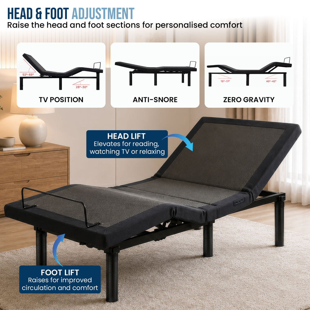 Therapedic Versa Electric Long Single Adjustable Bed Base Frame with Massage Dual Motor Zero Gravity & Wireless Remote