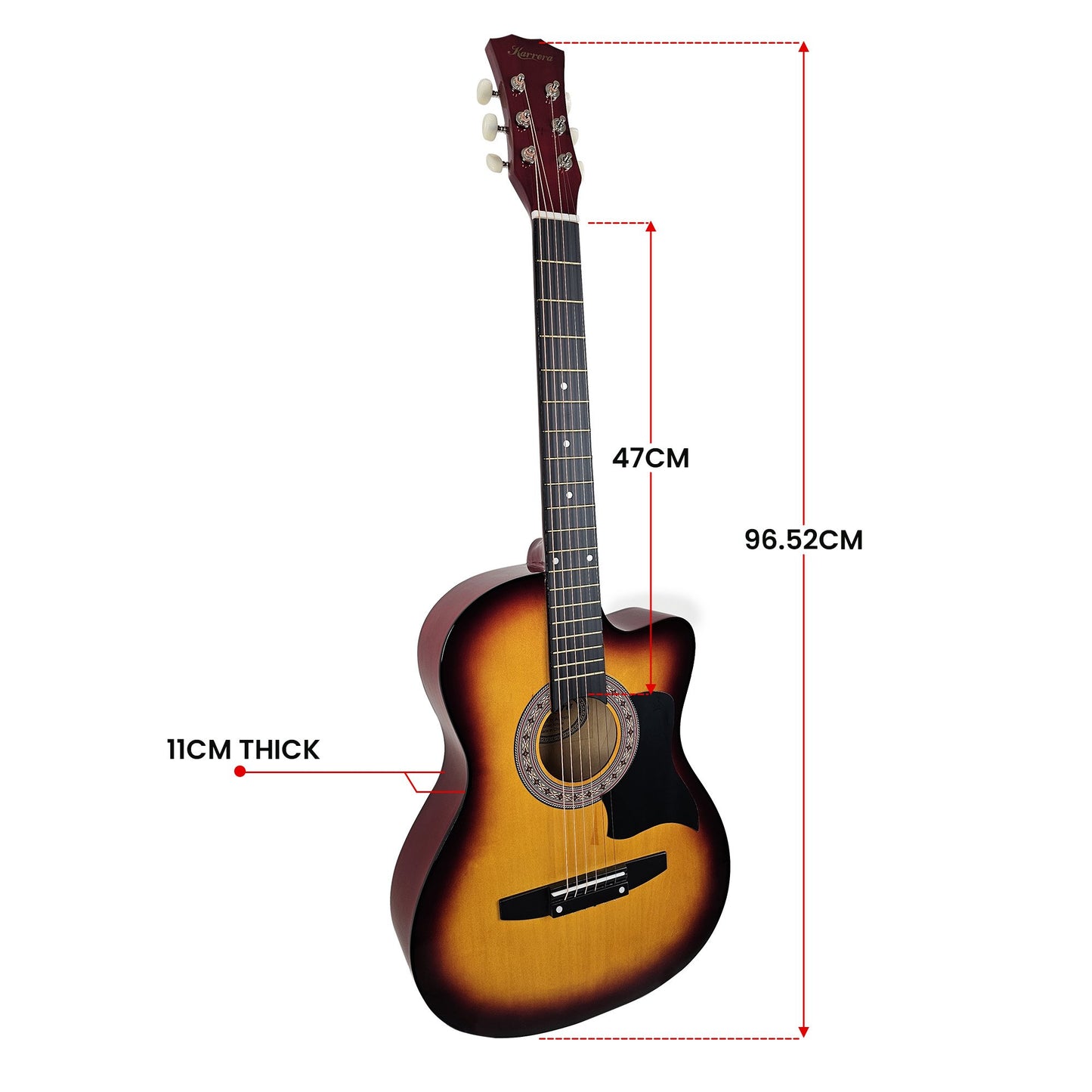 Karrera 38in Acoustic Guitar Steel Strings Carry Bag Shoulder Strap Sun Burst