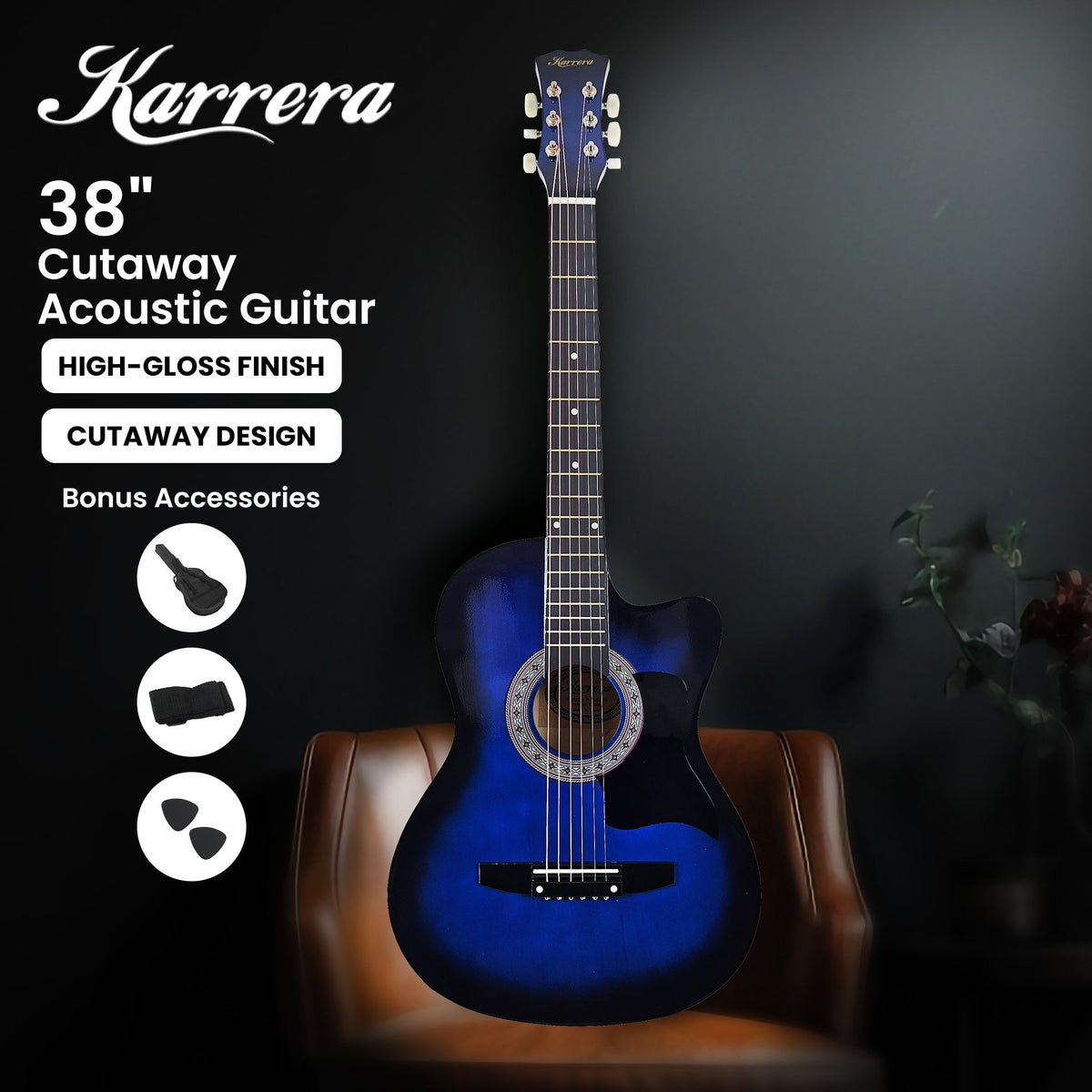 Karrera 38in Cutaway Acoustic Guitar with guitar bag - Blue Burst