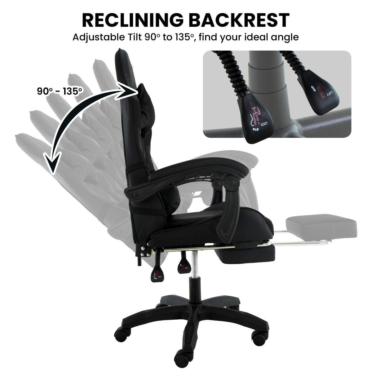 Sarantino Cueva Reclining High Back Office Gaming Chair Black Retractable Footrest Computer Seat
