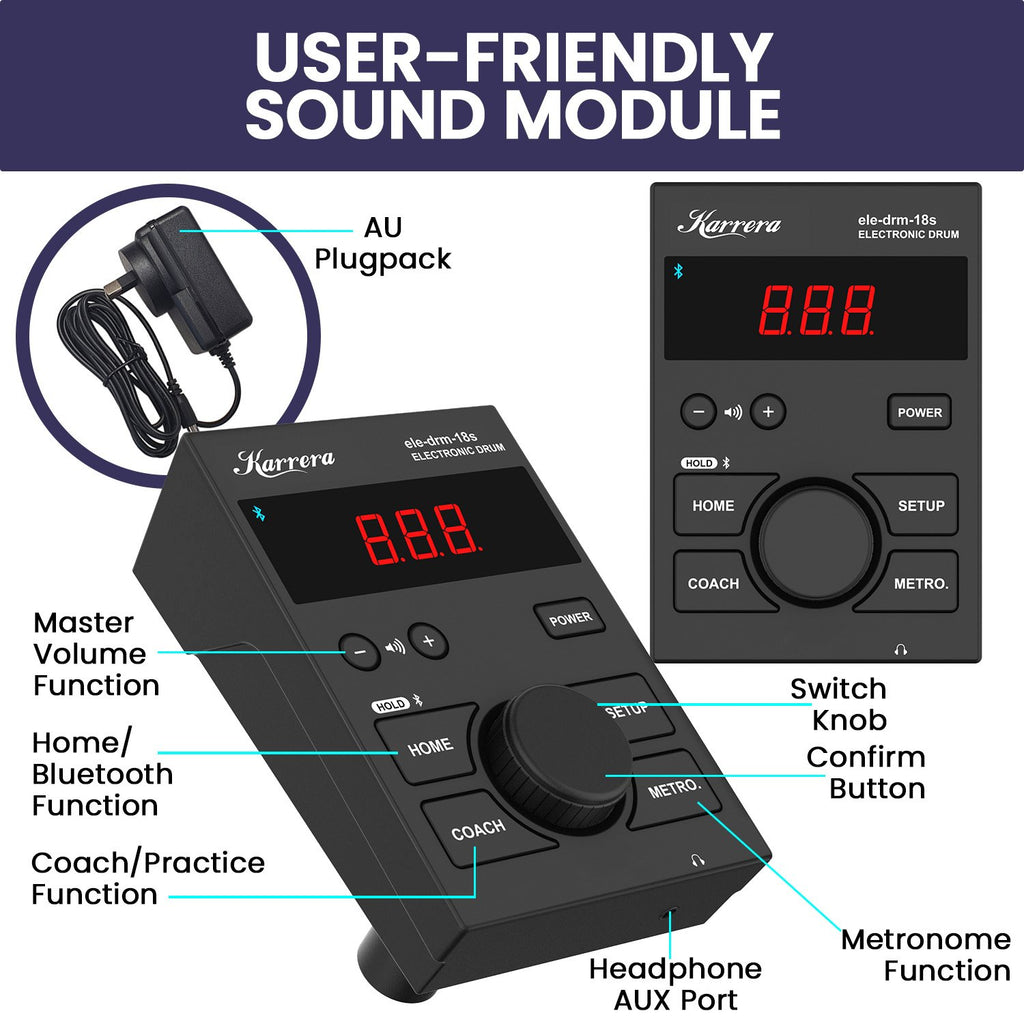 Karrera 18S Electronic Drum Kit Mesh Pads 8in Snare Bluetooth Sounds USB/MIDI Output Kick Pedals Drum Coach & Metronome