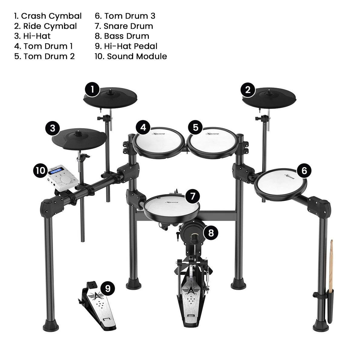Karrera X23 Electronic Drum Kit with Sound Module, 3 Toms, Snare Quiet Mesh Drum Heads, Cymbals & Pedal