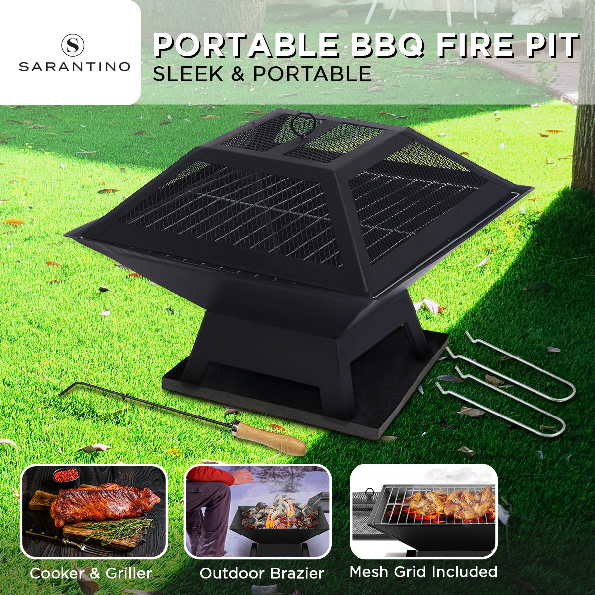 Wallaroo 2-in-1 Outdoor Fire Pit BBQ Grill Portable Charcoal Wood Brazier Heater for Patio Garden Camping Mesh Lid