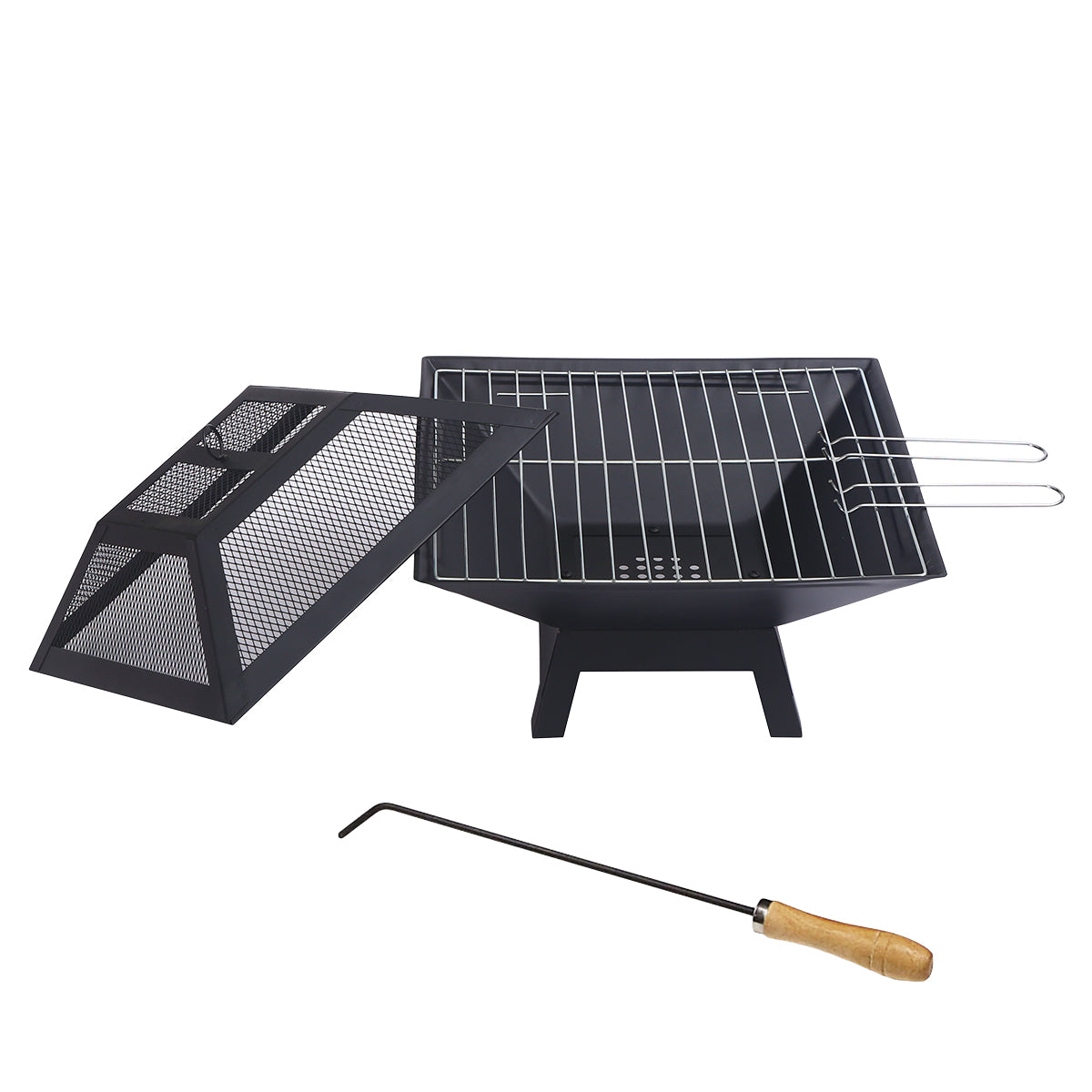 Wallaroo 2-in-1 Outdoor Fire Pit BBQ Grill Portable Charcoal Wood Brazier Heater for Patio Garden Camping Mesh Lid