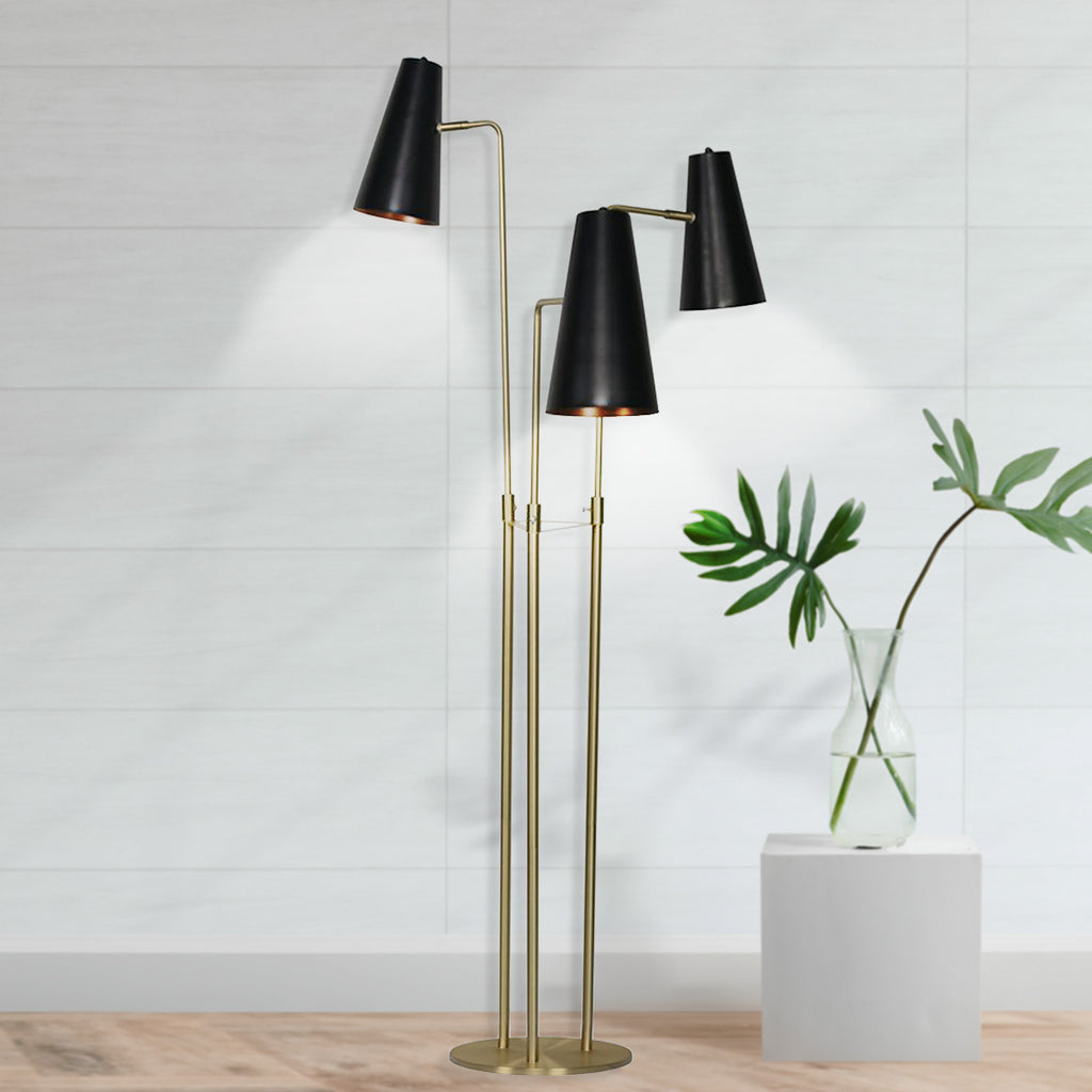 Sarantino Modern 3 Light Metal Shade Floor Lamp Black & Brass Tall Standing Lamp for Living Room Bedroom