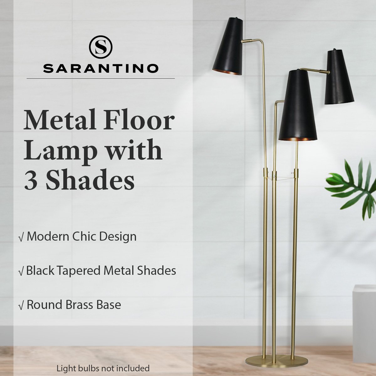 Sarantino Modern 3 Light Metal Shade Floor Lamp Black & Brass Tall Standing Lamp for Living Room Bedroom