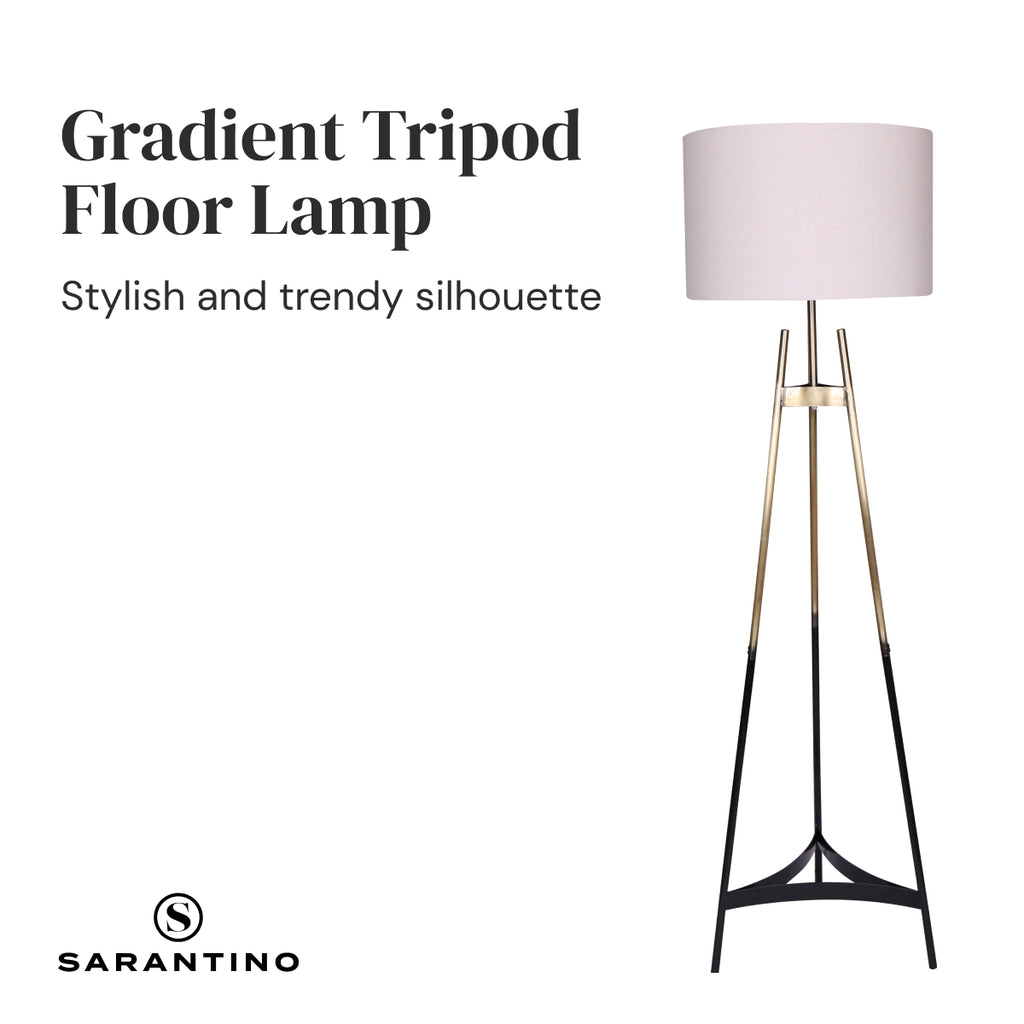 Sarantino Modern Tripod Floor Lamp Gold Black Gradient Standing Light with Linen Drum Shade for Living Room Office