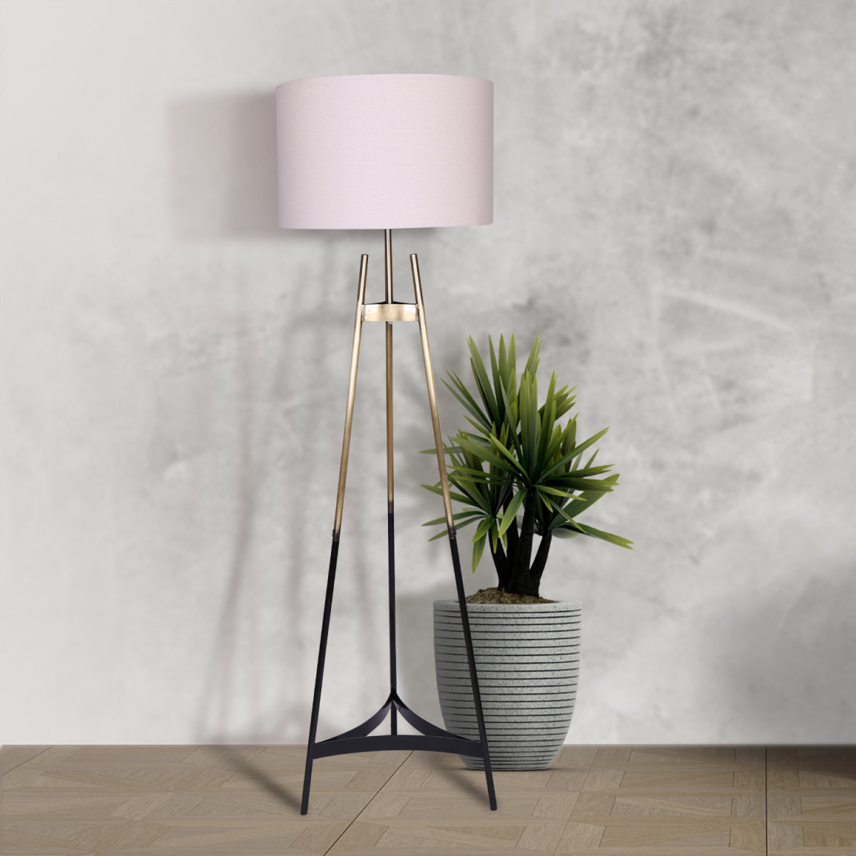 Sarantino Modern Tripod Floor Lamp Gold Black Gradient Standing Light with Linen Drum Shade for Living Room Office