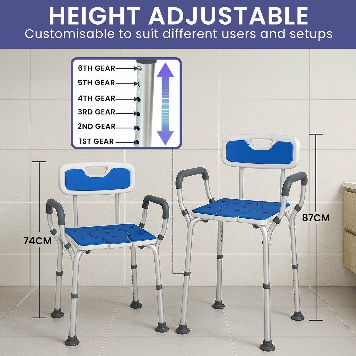 Orthonica Height-Adjustable Aluminium Commode Shower Chair with Armrests Backrest Armrests Soft Stool Seat Aid