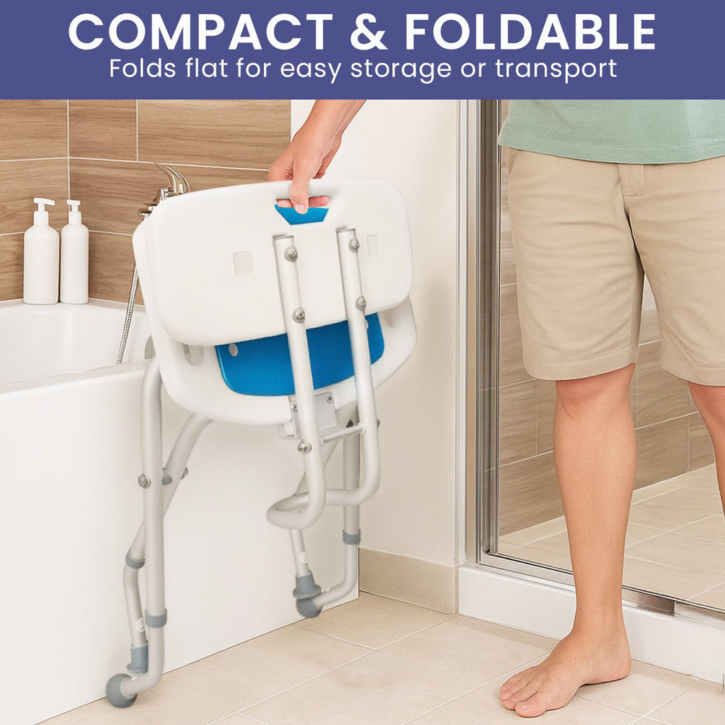 Orthonica Compact & Foldable Commode Shower Chair w/Height Adjustable Aluminium Frame Non Slip Feet HDPE Seat & Backrest