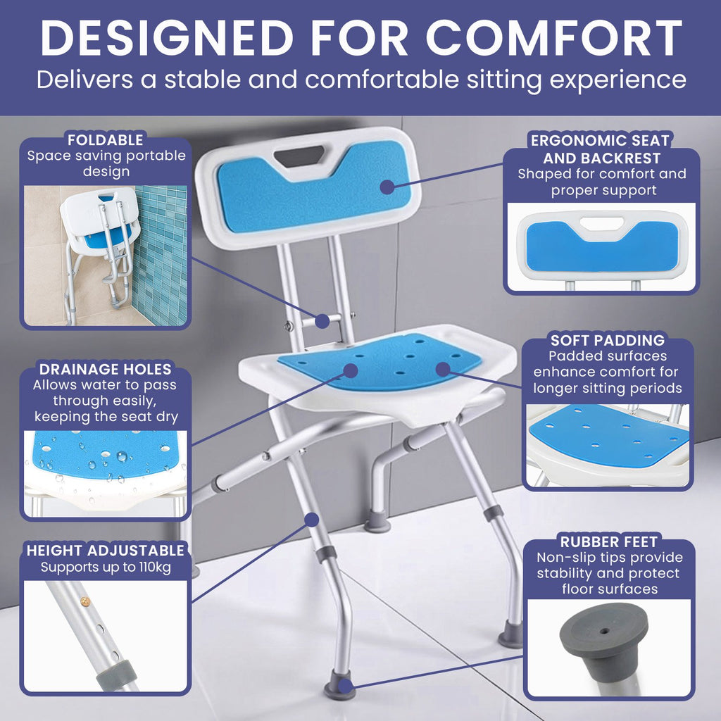 Orthonica Compact & Foldable Commode Shower Chair w/Height Adjustable Aluminium Frame Non Slip Feet HDPE Seat & Backrest