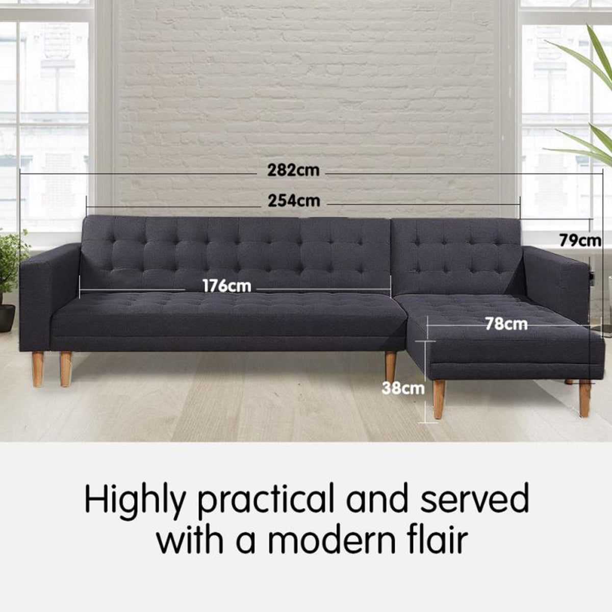 Sarantino Linen Fabric Corner Sofa Bed Couch Lounge With Chaise Furniture - Dark Grey