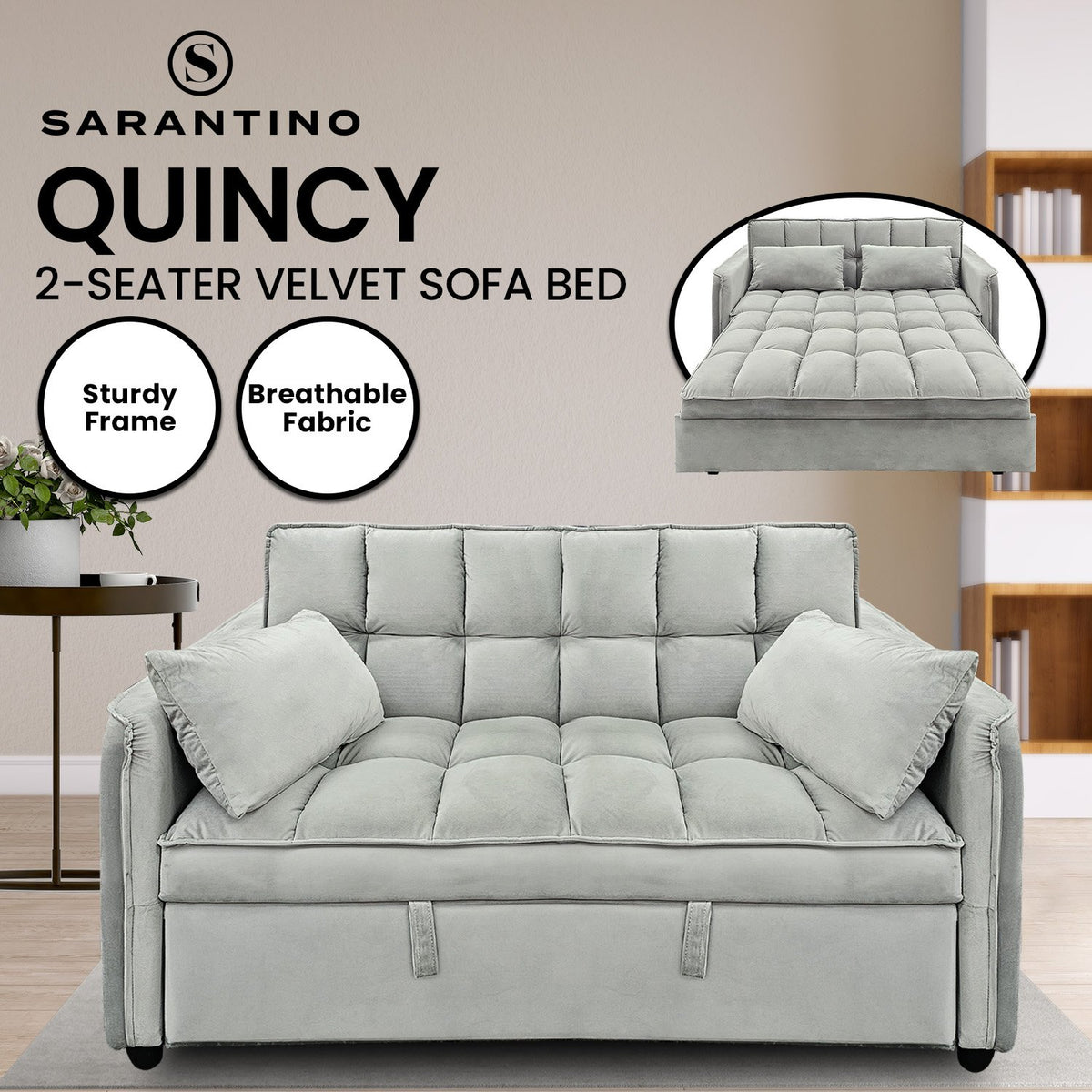 Sarantino Quincy 2-Seater Velvet Sofa Bed in Light Grey with Wooden Frame and Tufted Design