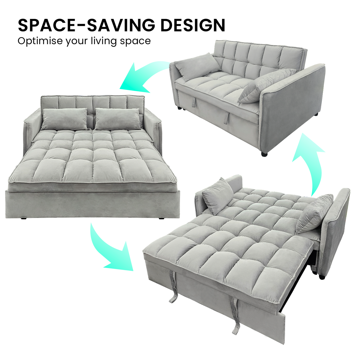 Sarantino Quincy 2-Seater Velvet Sofa Bed in Light Grey with Wooden Frame and Tufted Design