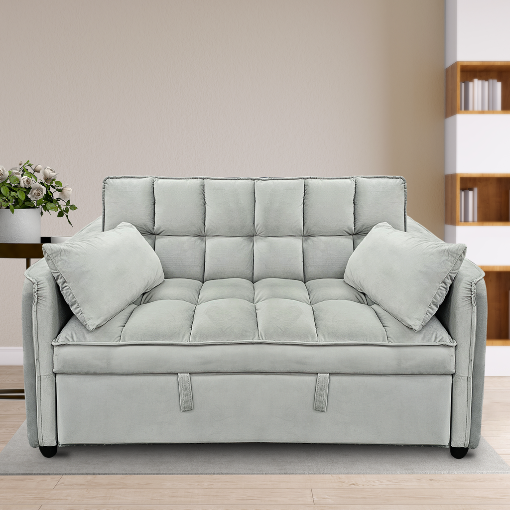 Sarantino Quincy 2-Seater Velvet Sofa Bed in Light Grey with Wooden Frame and Tufted Design
