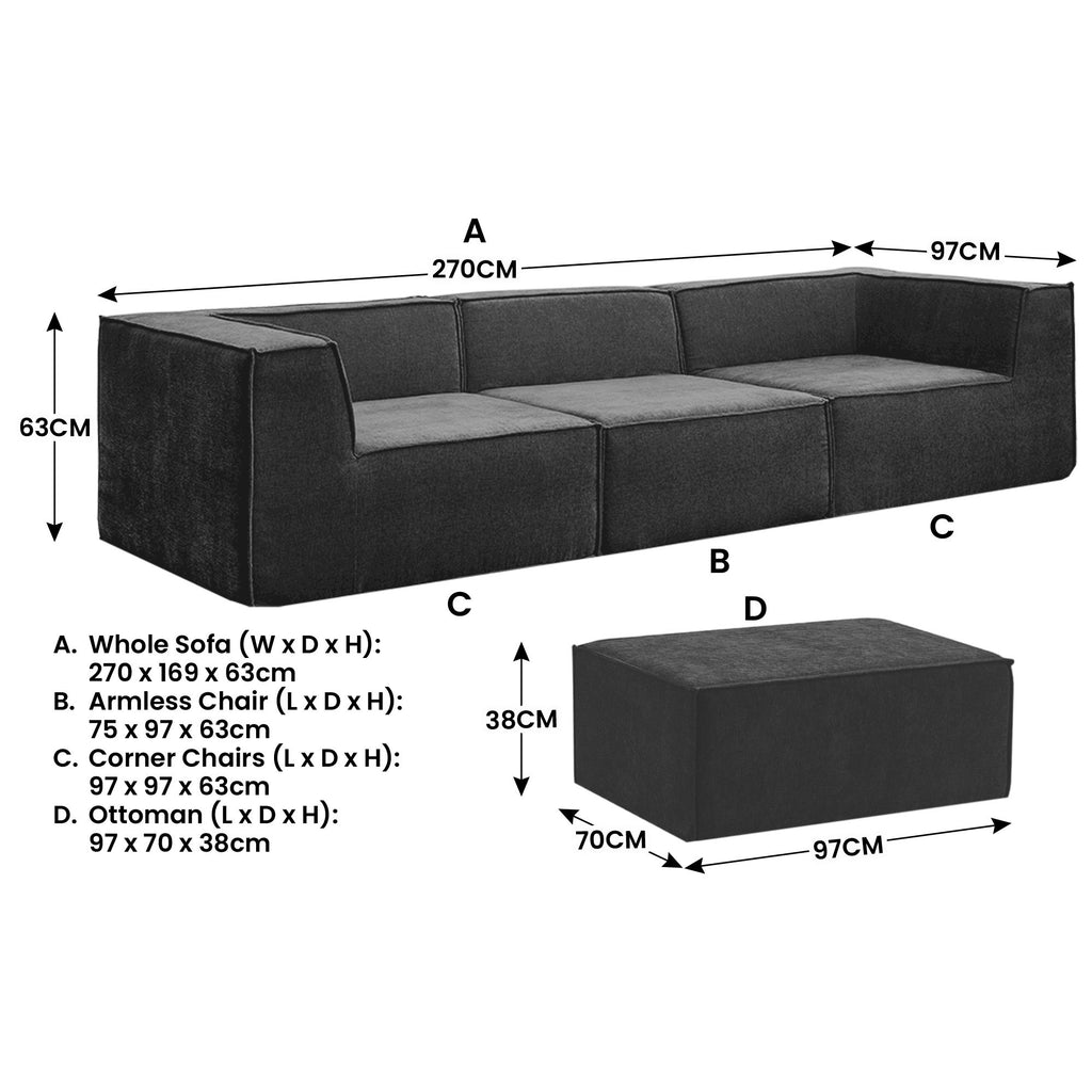 Sarantino Novi 3-Seater Modular Sofa with Ottoman in Black Non-Slip Bottom Lounge