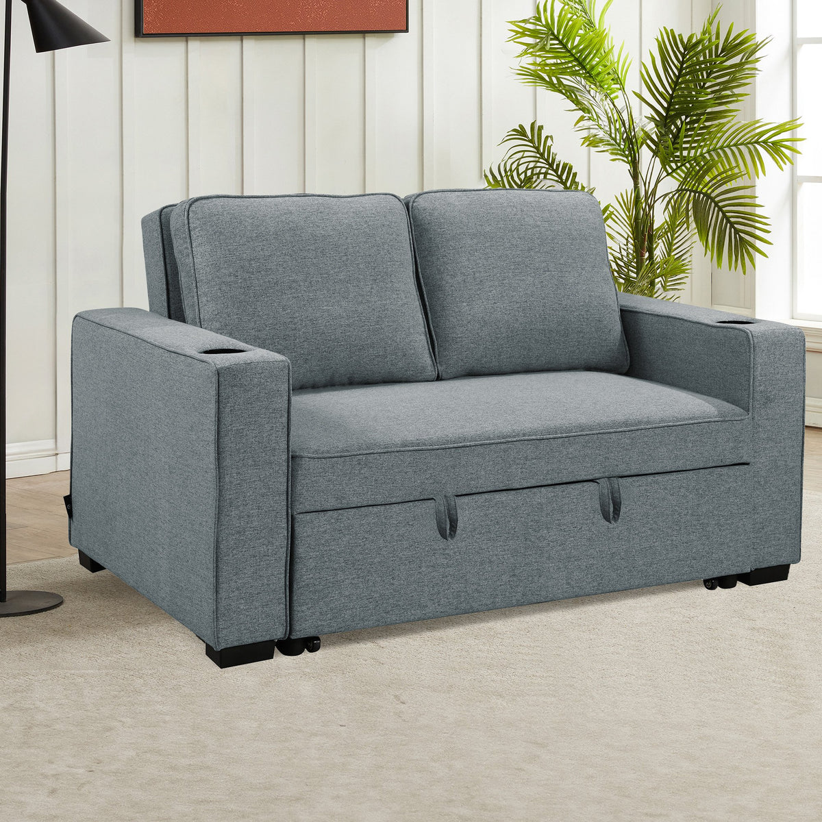 Sarantino Hoffman Linen Sofa Bed with Cushions & Cup Holders Airforce Blue