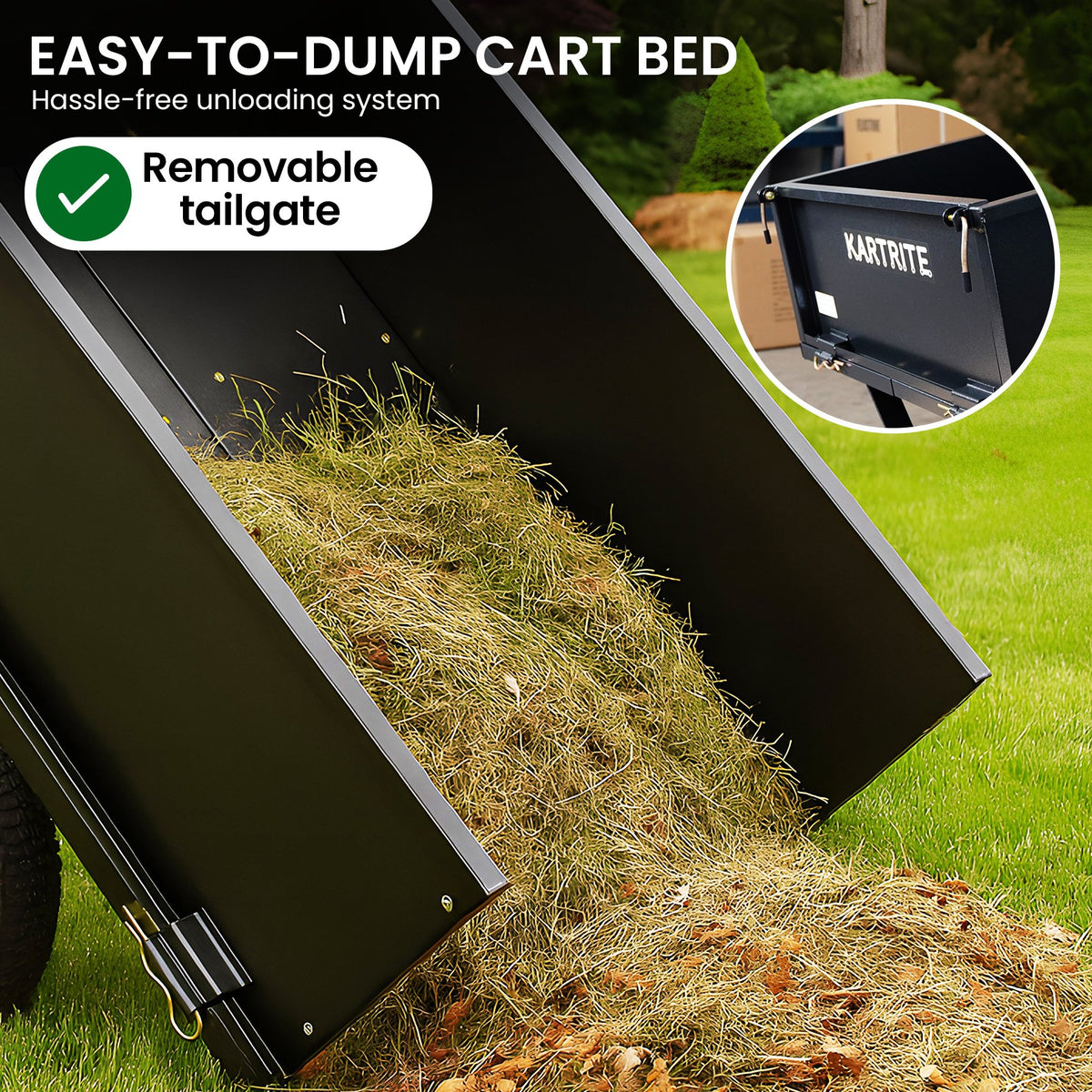 Kartrite Heavy Duty Dump Cart 270kg Capacity Pneumatic Tyres Quick Release Pedal Removable Tailgate Trailer for Garden