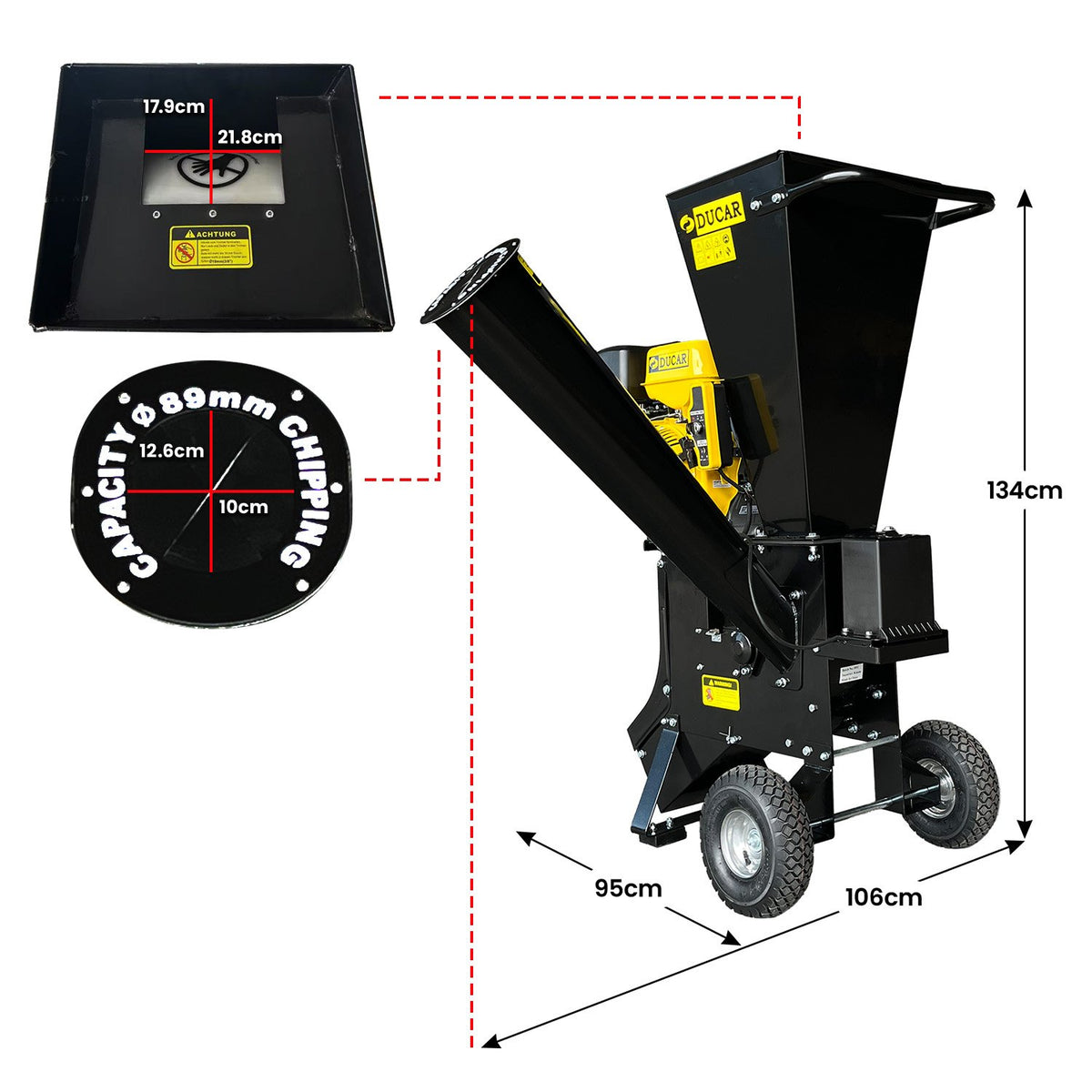Ducar 89mm Key Electric Start Wood Chipper 420cc 15hp 4-stroke Engine Unleaded Petrol Garden Shredder Mulcher Grinder - 601c Black