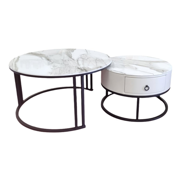 Snowy Mountain Faux Modern Marble Slate Nesting Coffee Table Set Leather Wrapped Wood Drawers
