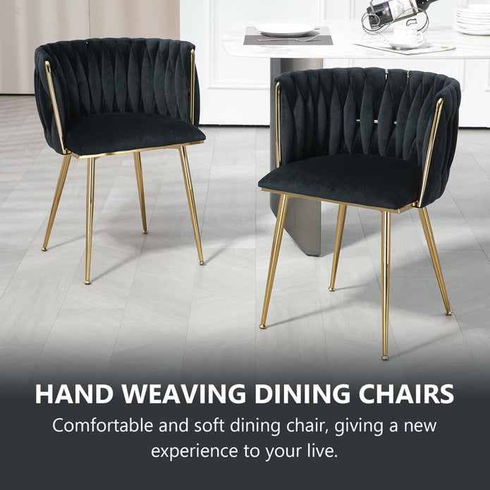 SERENITà Black Modern Hand Weaving Dining Chairs,Velvet Upholstered Side Chairs with Gold Legs, Chic Vanity Chairs with Armrest, Accent Chair for Dining Room, and Cafe Set of 2