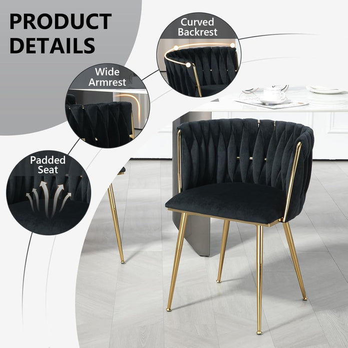 SERENITà Black Modern Hand Weaving Dining Chairs,Velvet Upholstered Side Chairs with Gold Legs, Chic Vanity Chairs with Armrest, Accent Chair for Dining Room, and Cafe Set of 2