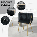 SERENITà Black Modern Hand Weaving Dining Chairs,Velvet Upholstered Side Chairs with Gold Legs, Chic Vanity Chairs with Armrest, Accent Chair for Dining Room, and Cafe Set of 2
