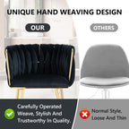 SERENITà Black Modern Hand Weaving Dining Chairs,Velvet Upholstered Side Chairs with Gold Legs, Chic Vanity Chairs with Armrest, Accent Chair for Dining Room, and Cafe Set of 2