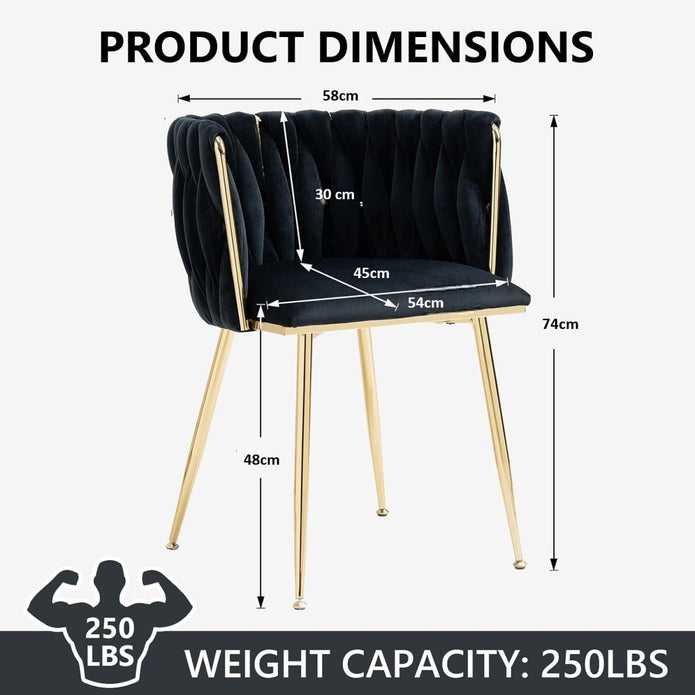 SERENITà Black Modern Hand Weaving Dining Chairs,Velvet Upholstered Side Chairs with Gold Legs, Chic Vanity Chairs with Armrest, Accent Chair for Dining Room, and Cafe Set of 2