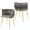 SERENITà Grey Modern Hand Weaving Dining Chairs,Velvet Upholstered Side Chairs with Gold Legs, Chic Vanity Chairs with Armrest, Accent Chair for Dining Room, and Cafe Set of 2