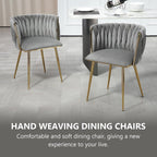SERENITà Grey Modern Hand Weaving Dining Chairs,Velvet Upholstered Side Chairs with Gold Legs, Chic Vanity Chairs with Armrest, Accent Chair for Dining Room, and Cafe Set of 2