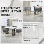 SERENITà Grey Modern Hand Weaving Dining Chairs,Velvet Upholstered Side Chairs with Gold Legs, Chic Vanity Chairs with Armrest, Accent Chair for Dining Room, and Cafe Set of 2