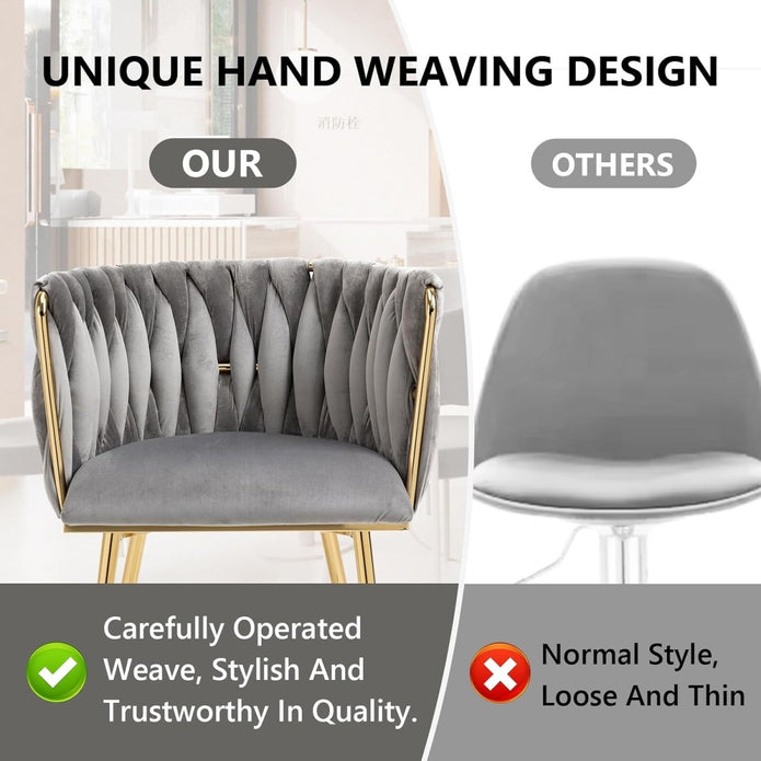 SERENITà Grey Modern Hand Weaving Dining Chairs,Velvet Upholstered Side Chairs with Gold Legs, Chic Vanity Chairs with Armrest, Accent Chair for Dining Room, and Cafe Set of 2